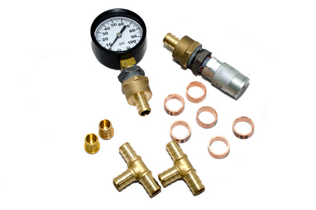 Fittings kit to pressurize the 1/2″ PEX tubes before pouring the concrete in a in-floor radiant floor heating system - 2 loops components