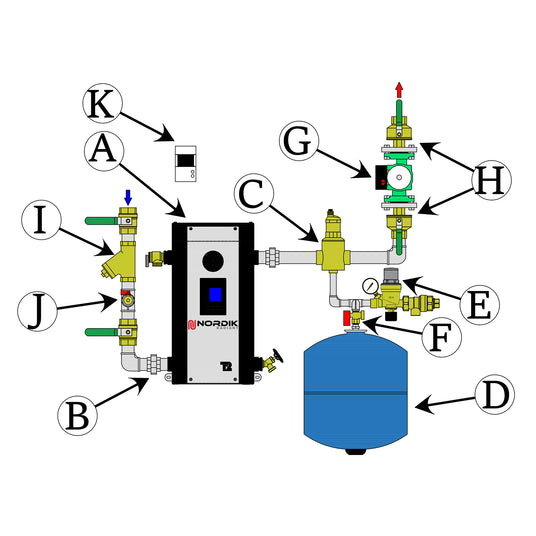 Hydronic Fuel Oil to Electric heating boiler conversion kit - 1 pump 1-1/4" components diagram