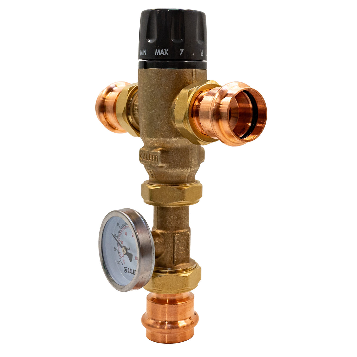 Caleffi 521616A 1″ MixCal Adjustable Thermostatic and Pressure Balanced Mixing Valve With Gauge (press) - right