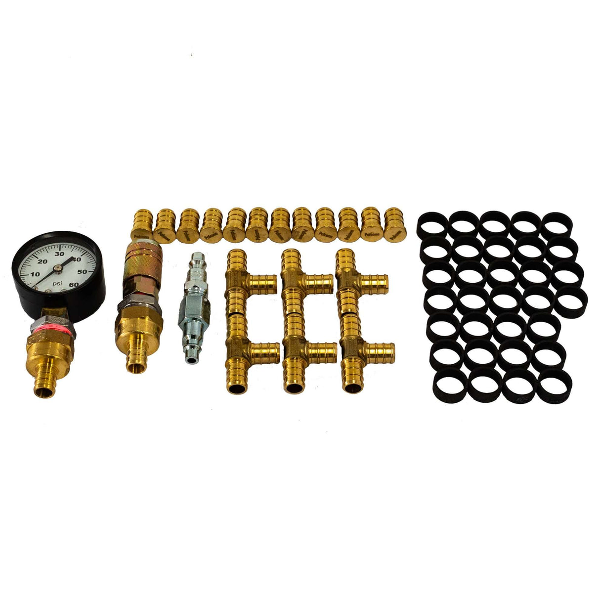 6 loops Fittings kit to pressurize the 1/2″ PEX tubes before pouring the concrete in a in-floor radiant floor heating system - components