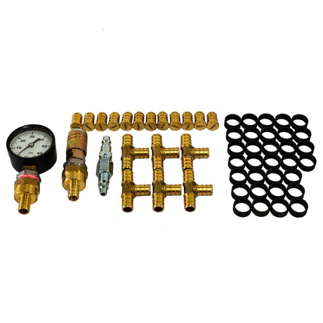 6 loops Fittings kit to pressurize the 1/2″ PEX tubes before pouring the concrete in a in-floor radiant floor heating system - components