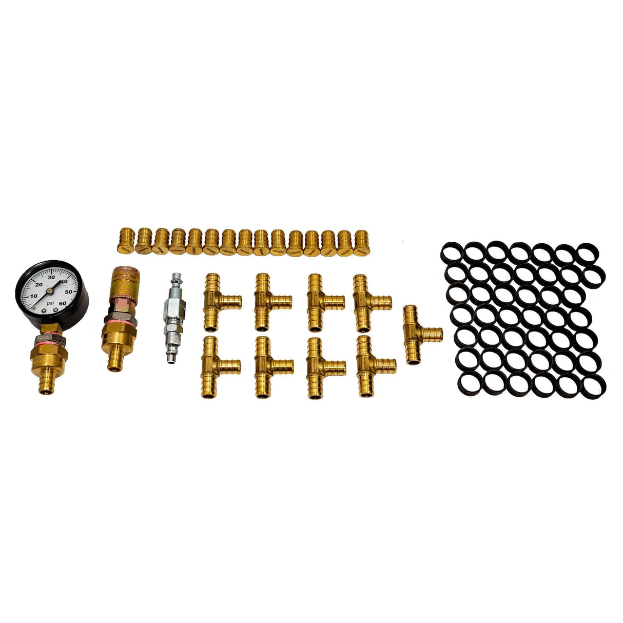 Fittings kit to pressurize the 1/2″ PEX tubes before pouring the concrete in a in-floor radiant floor heating system - 9 loops components