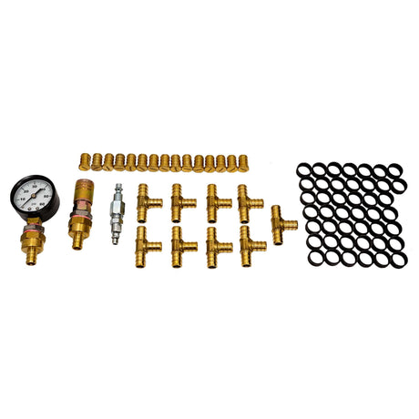 Fittings kit to pressurize the 1/2″ PEX tubes before pouring the concrete in a in-floor radiant floor heating system - 9 loops components