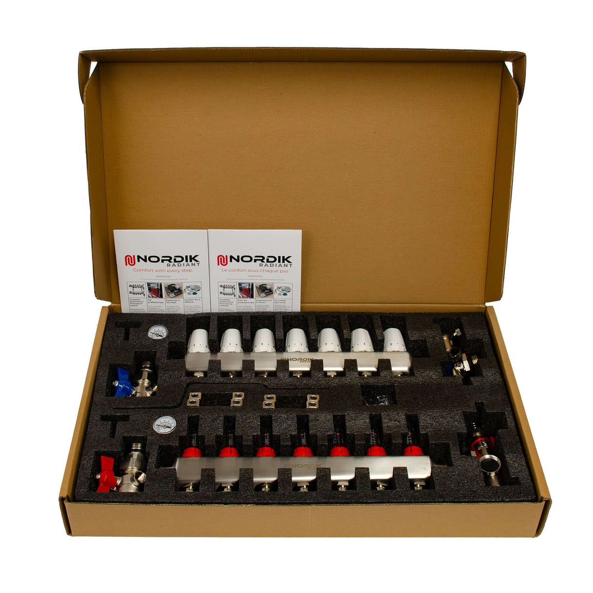 Nordik Radiant in-floor water and glycol hydronic radiant floor manifold - 7 loops box open