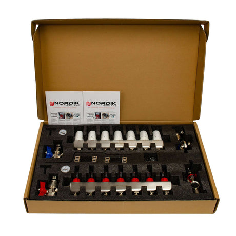 Nordik Radiant in-floor water and glycol hydronic radiant floor manifold - 7 loops box open