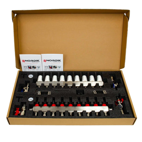 Nordik Radiant in-floor water and glycol hydronic radiant floor manifold - 9 loops box open