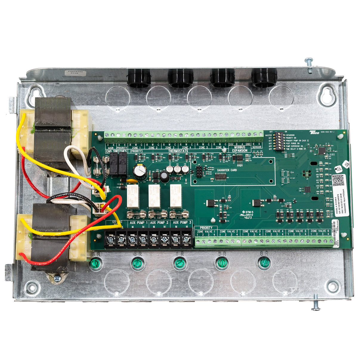 Taco ZVC406-5 6 zone valve control for hydronic radiant floor with 6 thermostats - electrical connections board