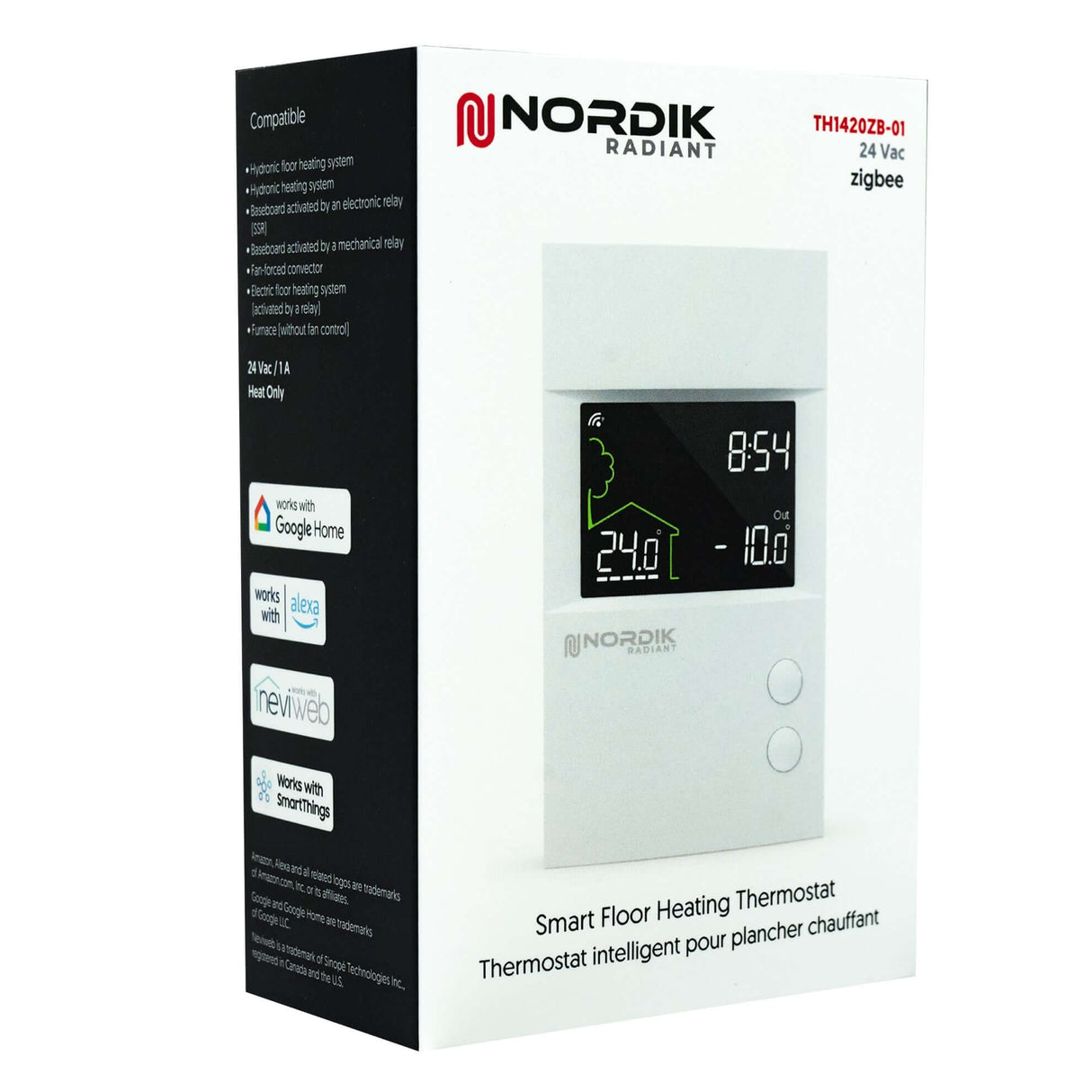 TH1420ZB-01 24V low voltage hydronic radiant floor thermostat -  box 3/4 front view box