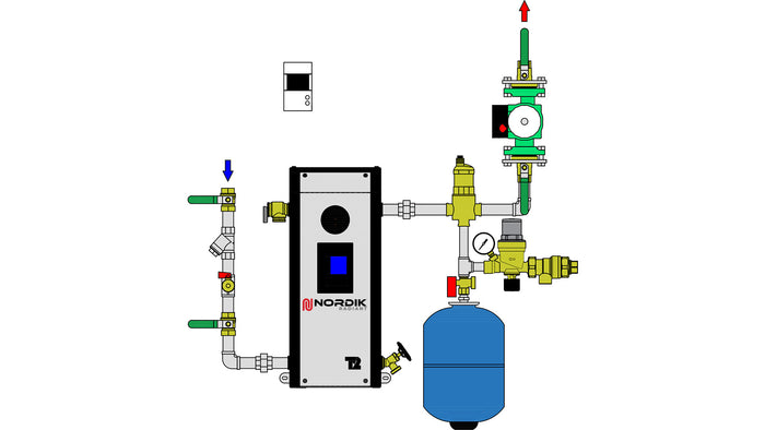 Diagram of 3/4" one-pump hydronic system for replacing an oil boiler by an electric boiler.