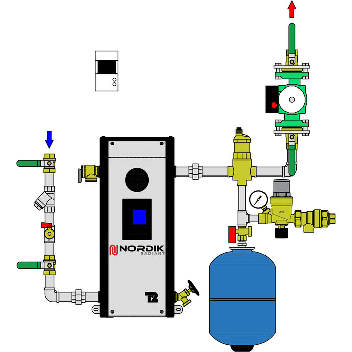 Diagram of a ¾" one-pump hydronic system for converting from oil to electric heating.
