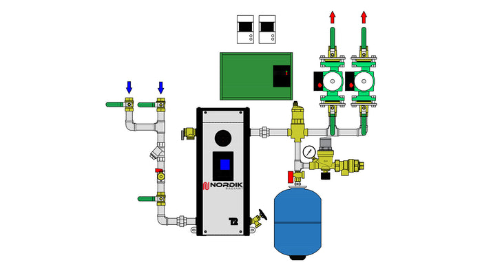 Diagram of 3/4" two-pump hydronic system for replacing an oil boiler by an electric boiler.