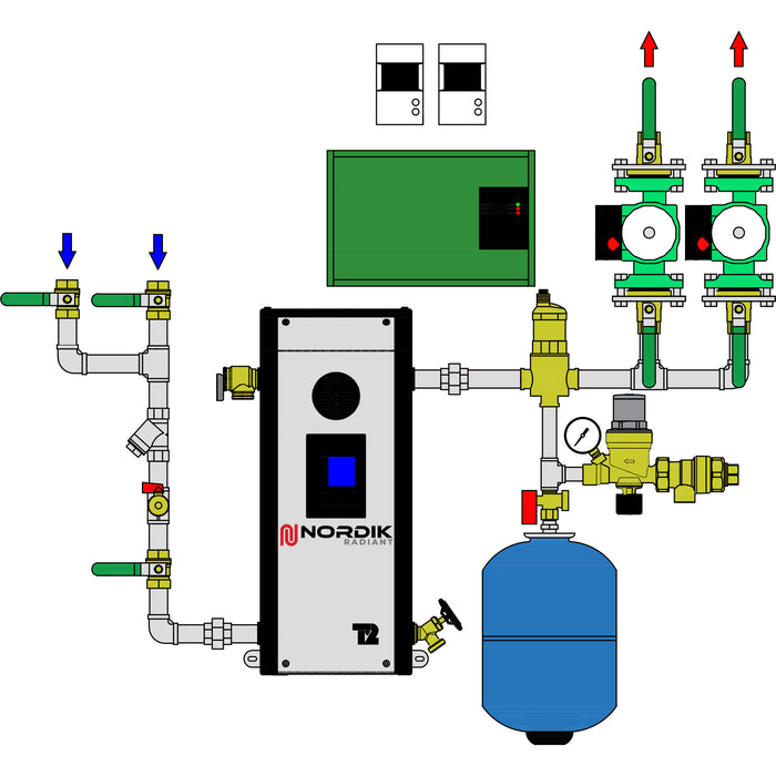 Diagram of a ¾" two-pump hydronic system for converting from oil to electric heating.