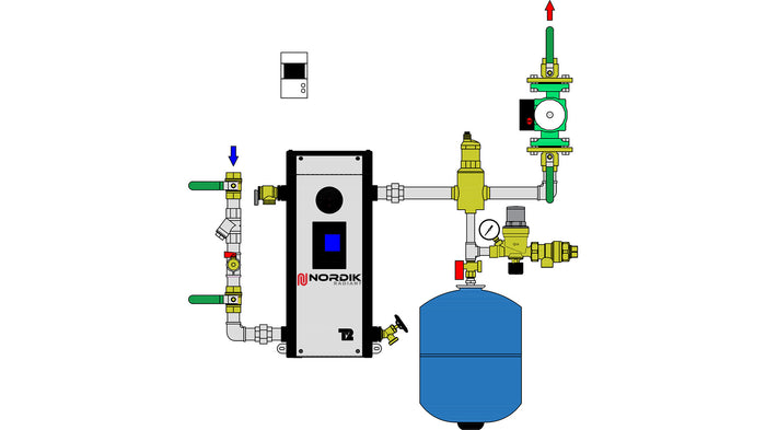 Diagram of 1" one-pump hydronic system for replacing an oil boiler by an electric boiler.