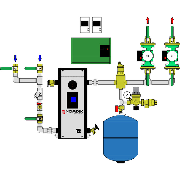 Diagram of a 1" two-pump hydronic system for converting from oil to electric heating.