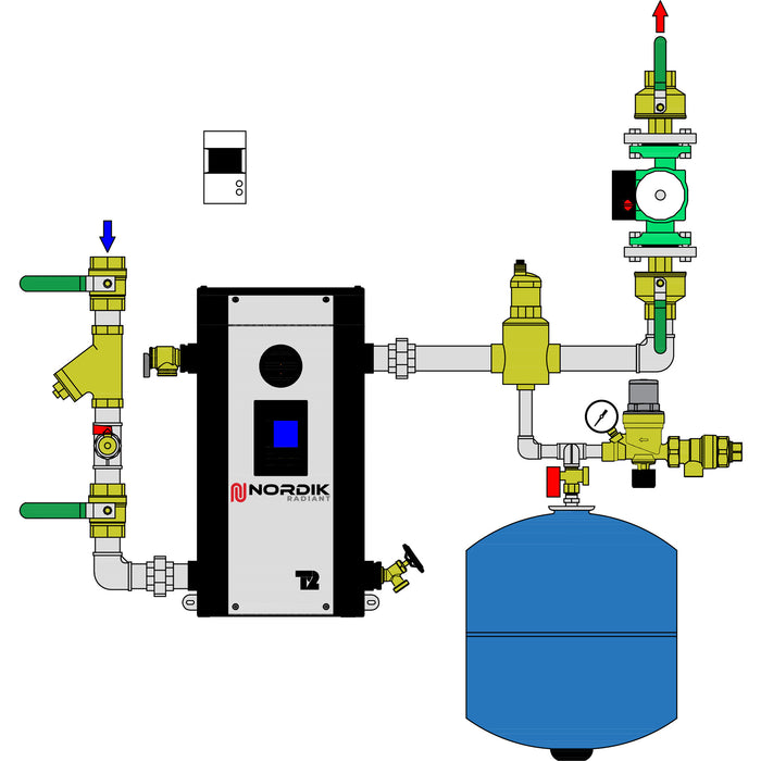 Diagram of a 1-1/4" one-pump hydronic system for converting from oil to electric heating.