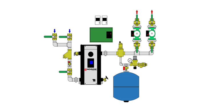 Hydronic Fuel Oil to Electric heating conversion kit - 2 pumps 1-1/4" components diagram - 16:9