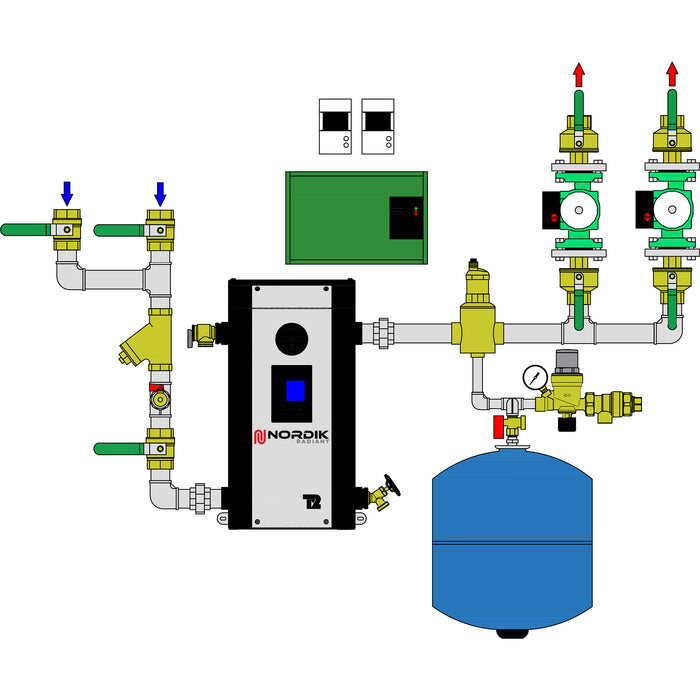 Diagram of a1-1/4" two-pump hydronic system for converting from oil to electric heating.