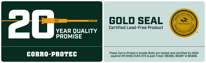 The Corro-Protec powered titanium permanent water heater anode rods is certified by the Water Quality association