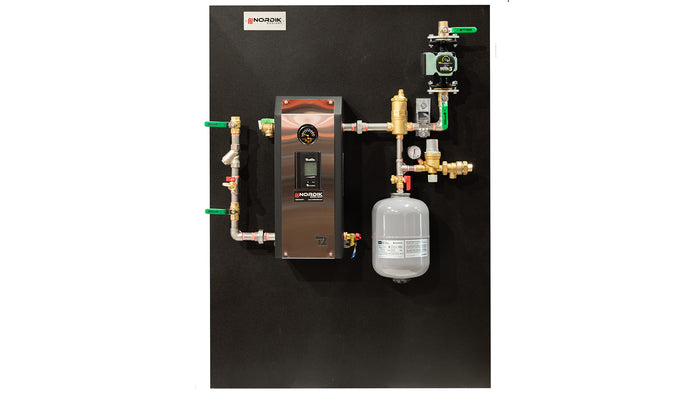Hydronic radiant heating panel with boiler, pump, and other components assembled in the workshop - 3/4" 1 pump