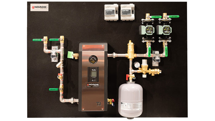 Hydronic radiant heating panel with Thermo 2000 boiler, Taco pump, Caleffi ZSR101 and other components assembled in the workshop - 2 pump 3/4"