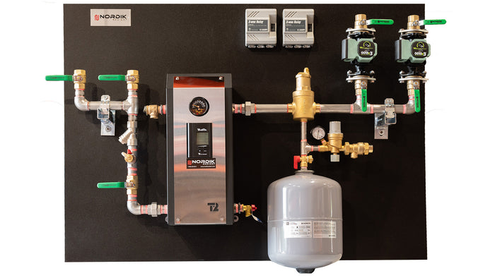 Hydronic heating panel with Thermo 2000 boiler, Taco pump, Caleffi ZSR101 and other components assembled in the workshop - 2 pump 1"