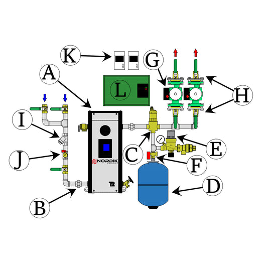 Hydronic Fuel Oil to Electric heating boiler conversion kit - 2 pumps 3/4" components diagram
