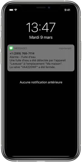 Sinope Sedna VA4220WF water leak application notification on an iPhone