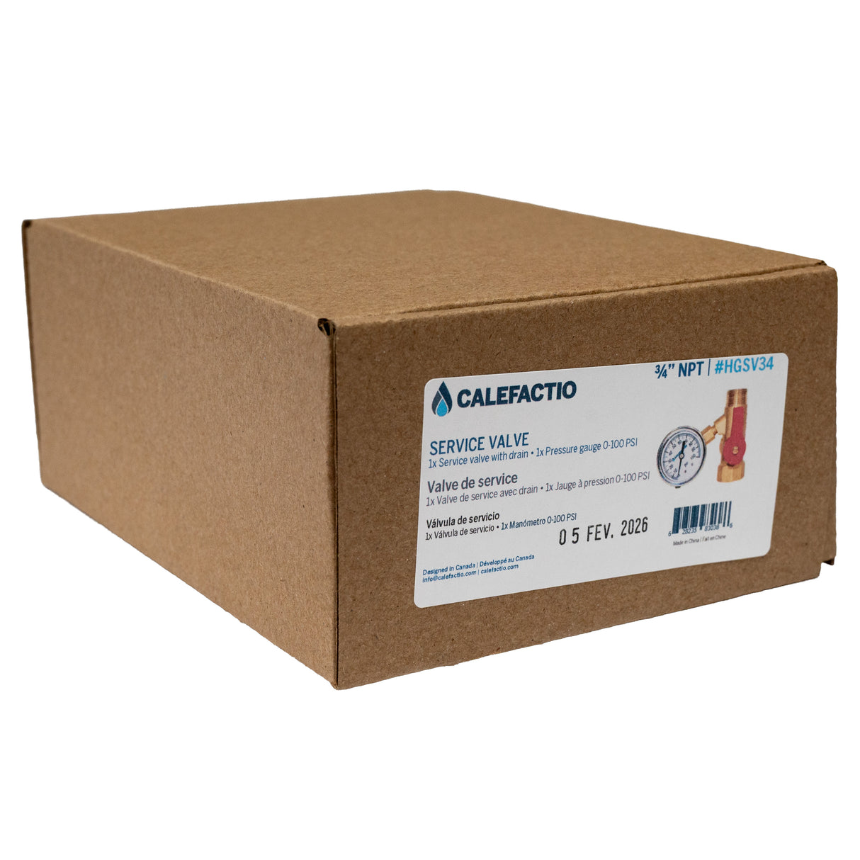 Calefactio HGSV34 potable water service valve with pressure gauge - box