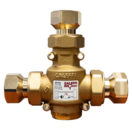 Caleffi 280165a 1" NPT Thermoprotec wood boiler protection high-flow thermostatic mixing valve - back 90 degrees