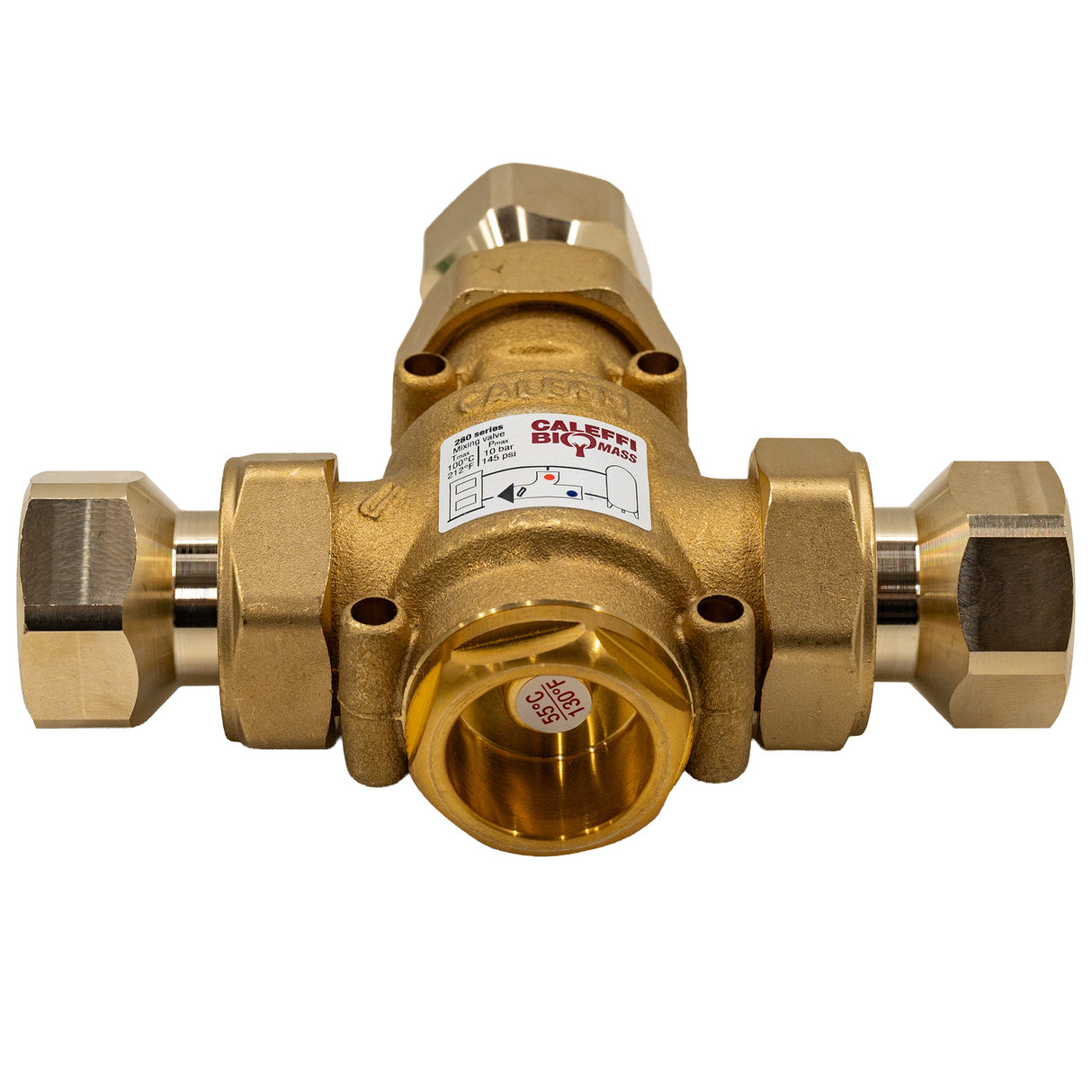 Caleffi 280165a 1" NPT Thermoprotec wood boiler protection high-flow thermostatic mixing valve - 130 °F - front lying down