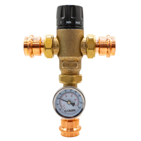 Caleffi 521616A 1″ MixCal Adjustable Thermostatic and Pressure Balanced Mixing Valve With Gauge (press) - front