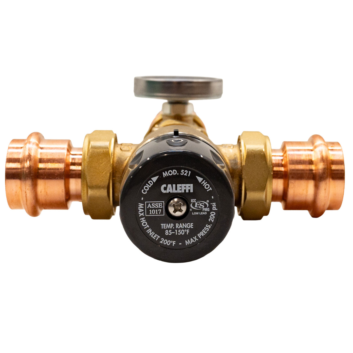 Caleffi 521616A 1″ MixCal Adjustable Thermostatic and Pressure Balanced Mixing Valve With Gauge (press) - top