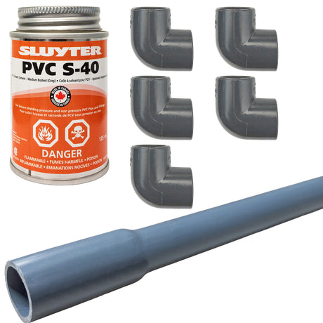 PVC pipe and elbow with cement kit to connect condensing gas boiler to condensate neutralizer system