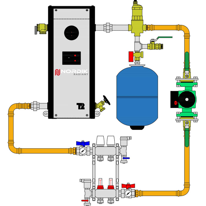 Schema of a garage hydronic radiant floor kit with Thermo 2000 Mini BTH electric boiler and a 2 loops manifold