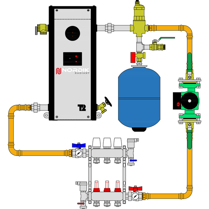 Schema of a garage hydronic radiant floor kit with Thermo 2000 Mini BTH electric boiler and a 3 loops manifold
