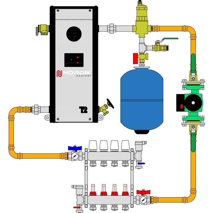 4 loops hydronic radiant floor heating system with Thermo 2000 electric boiler schema