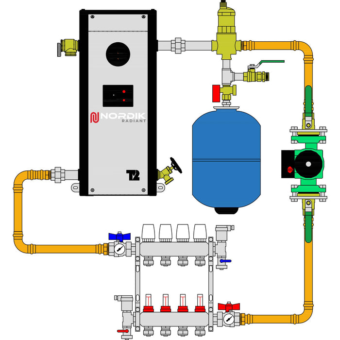 Schema of a garage hydronic radiant floor kit with Thermo 2000 Mini BTH electric boiler and a 4 loops manifold