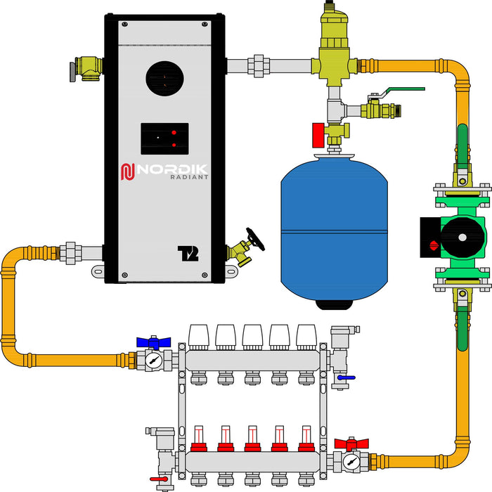 Schema of a garage hydronic radiant floor kit with Thermo 2000 Mini BTH electric boiler and a 5 loops manifold