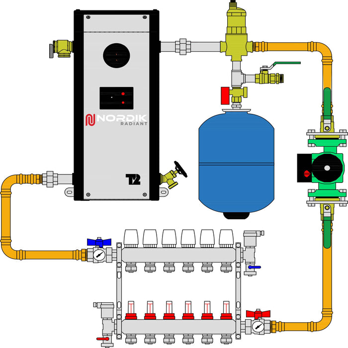 Schema of a garage hydronic radiant floor kit with Thermo 2000 Mini BTH electric boiler and a 6 loops manifold