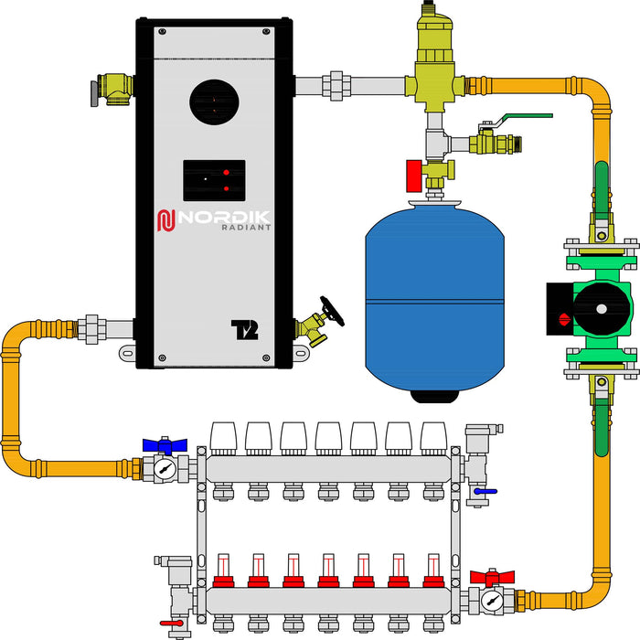 Schema of a garage hydronic radiant floor kit with Thermo 2000 Mini BTH electric boiler and a 7 loops manifold