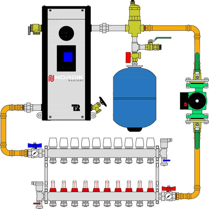 Schema of a garage hydronic radiant floor kit - Thermo 2000 Mini Ultra electric boiler and a 10 loops manifold