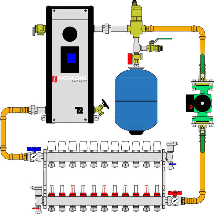 Schema of components required for an hydronic radiant floor heating system with a Thermo 2000 Mini Ultra electric boiler - 11 loops manifold