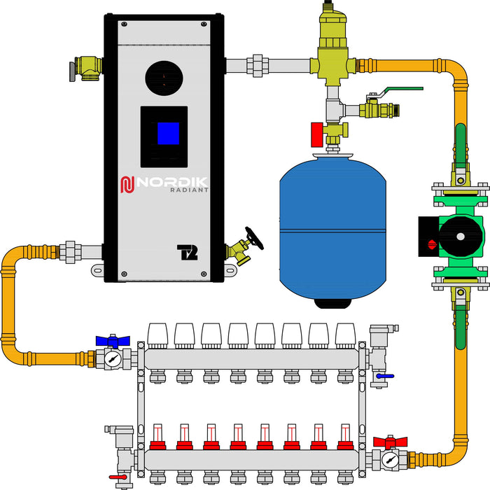 Schema of a garage hydronic radiant floor kit with Thermo 2000 Mini Ultra electric boiler and a 8 loops manifold