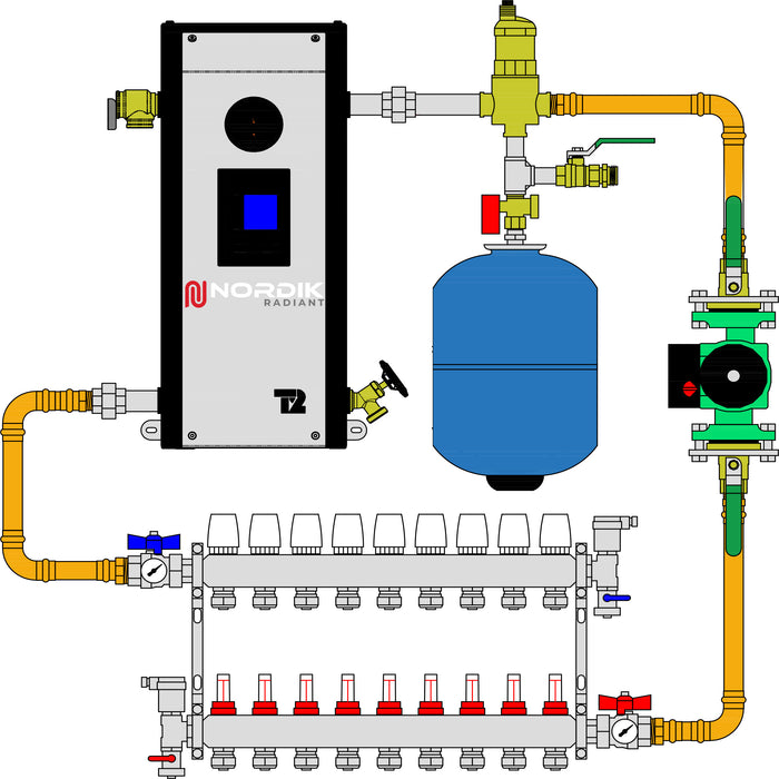 Schema of a garage hydronic radiant floor kit with Thermo 2000 Mini Ultra electric boiler and a 9 loops manifold