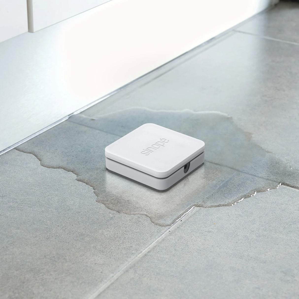 Sinopé WL4210 smart water detector in action with a water leak on the floor