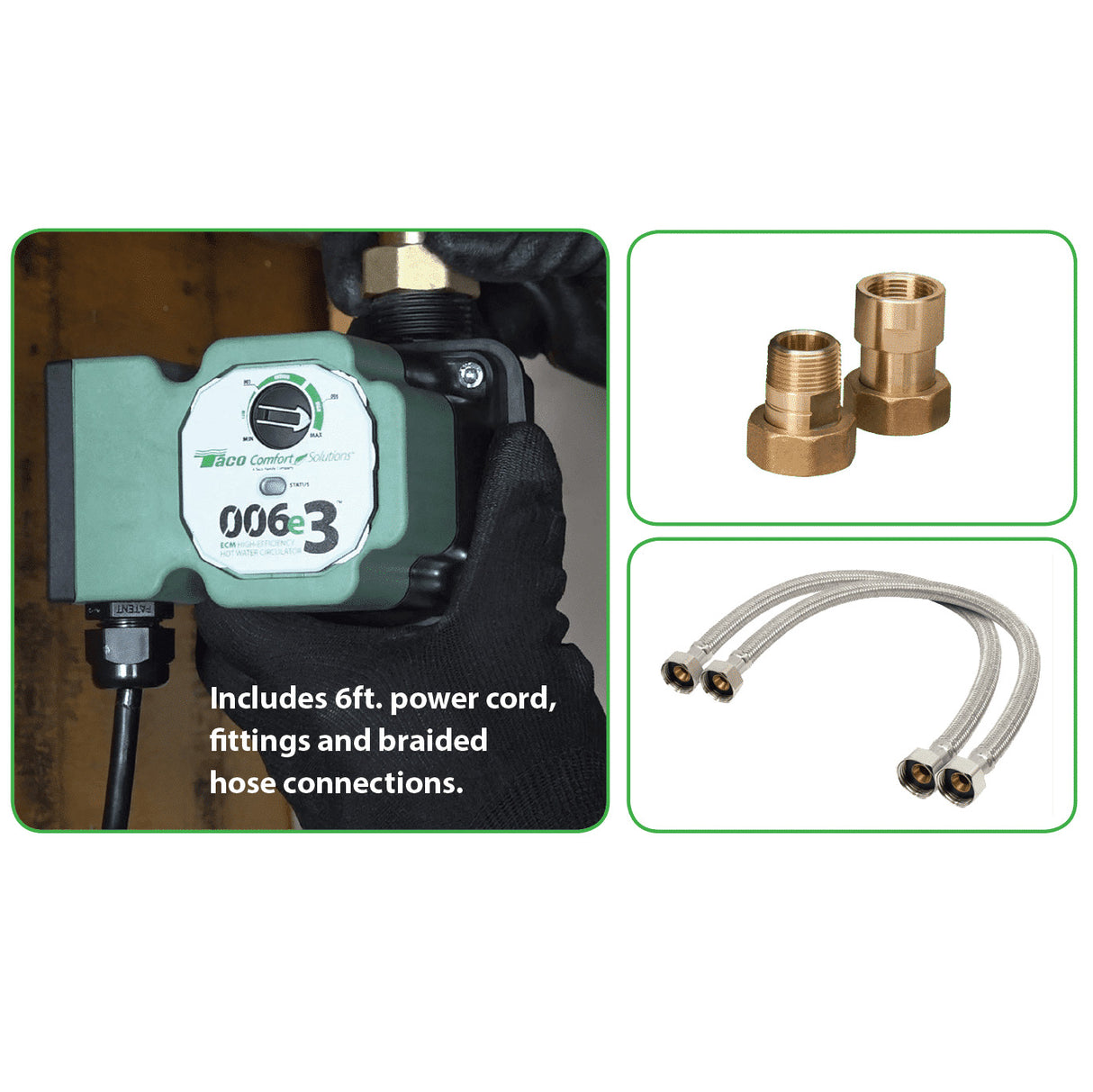 Taco 006e3 domestic hot water recirculation pump with fitting and braided hose