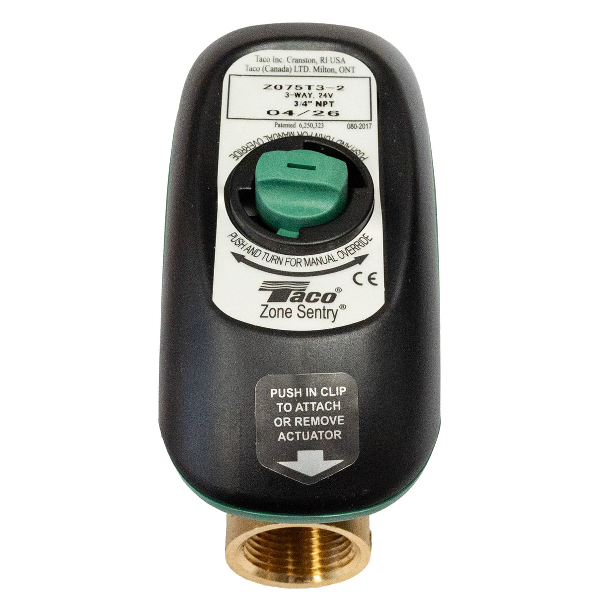 Taco Z075t3-2 3-Way 3/4" NPT 24VAC Zone Sentry Zone Valve, Normally Closed Actuator - front top