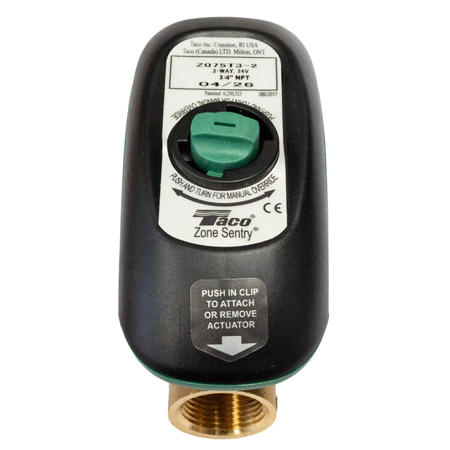 Taco Z075t3-2 3-Way 3/4" NPT 24VAC Zone Sentry Zone Valve, Normally Closed Actuator - front top