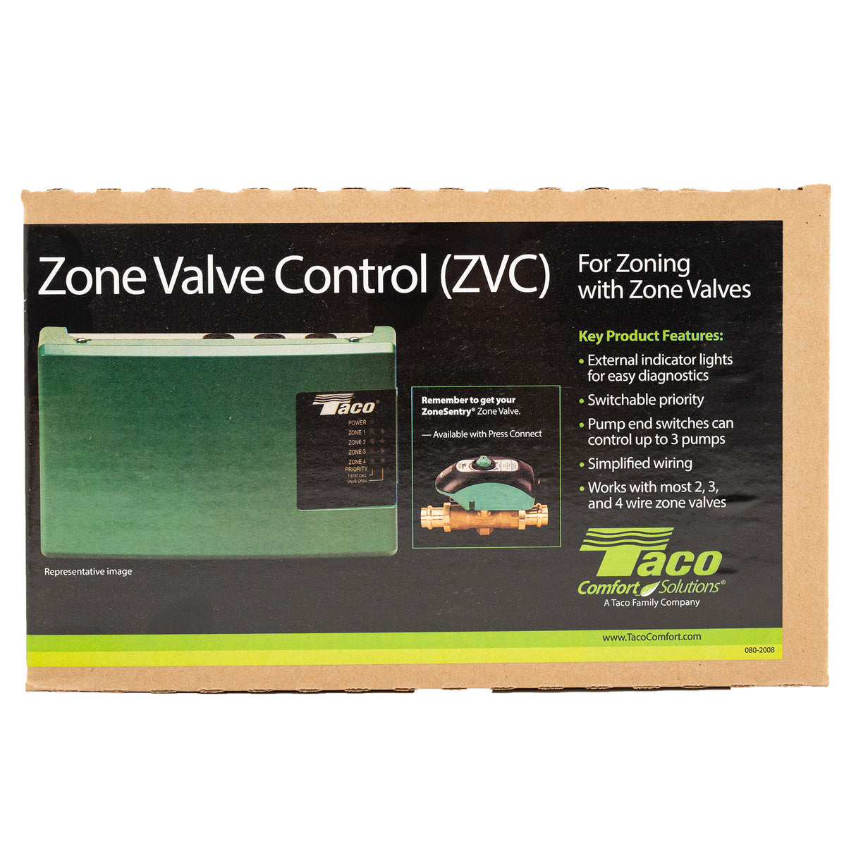 Taco ZVC zone valve control for hydronic radiant floor with thermostats , actuators  and circulator box - front