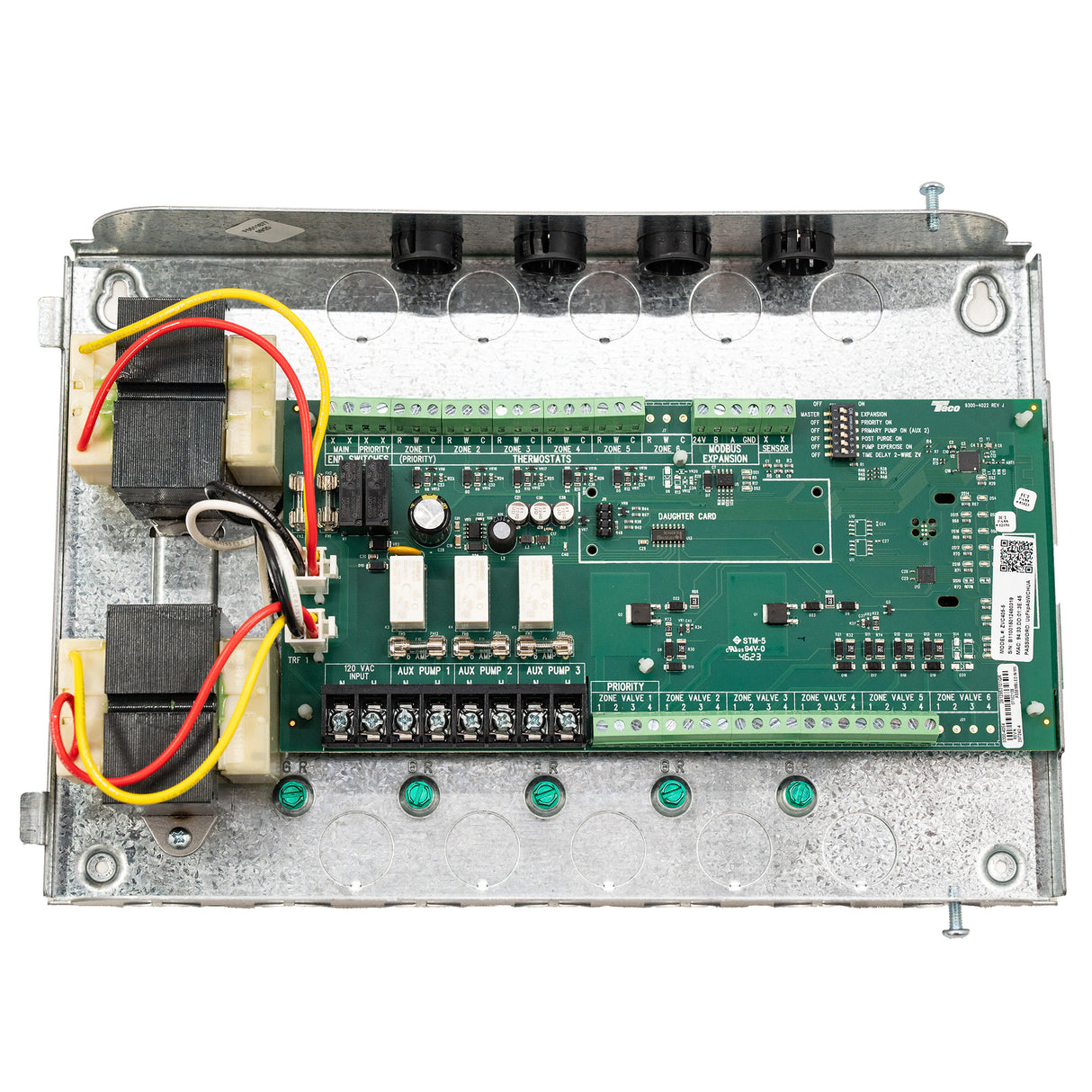 Taco ZVC405-5 5 zone valve control for hydronic radiant floor with 5 thermostats - electrical connections